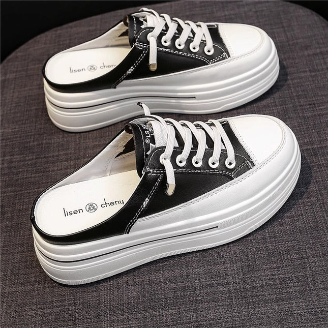 White Shoes with Toe Caps and Half Slippers for Women with Thick Soles and Inner Heightening 2025 Summer New Style, Fashionable and Versatile for Lazy People to Wear Outside and Casual