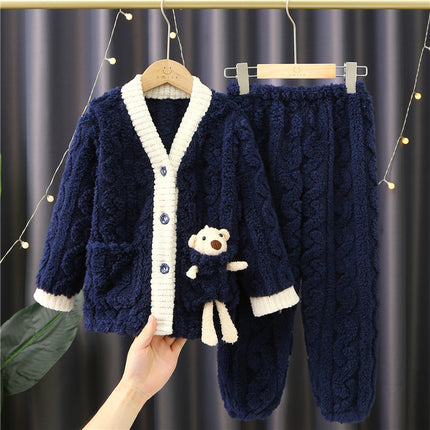 2023 New flannel pajamas men's autumn and winter warm coral fleece suit factory wholesale warm home wear