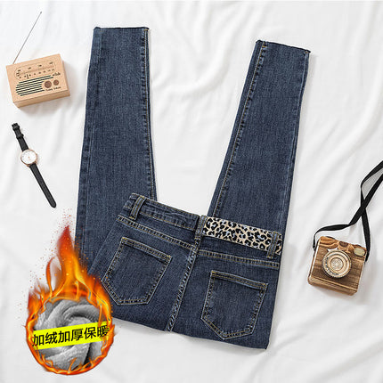 Leopard-print Thickened High-waist Jeans Women's Fleece-lined Autumn and Winter Warm Stretch Pencil Pants Slim-fit Fur-edged Cropped Pencil Pants