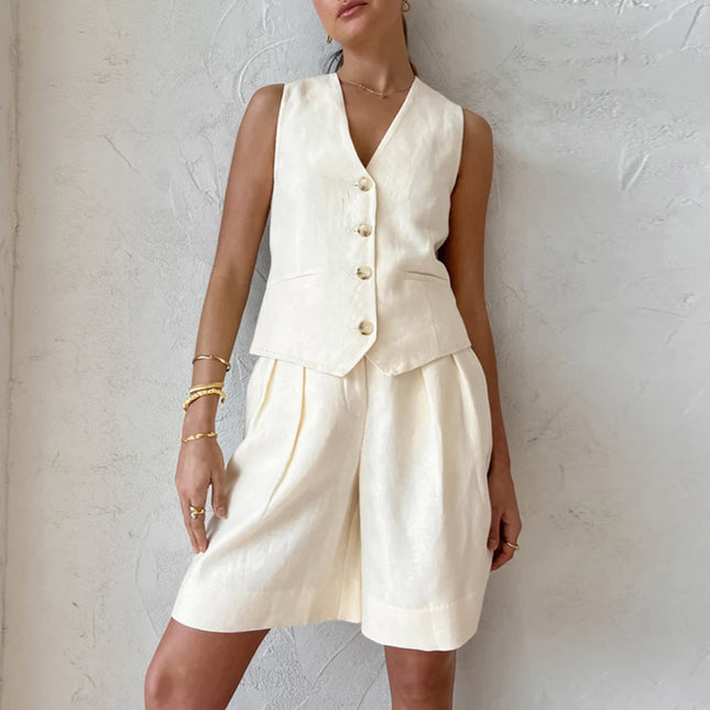 Beige Vest Vest Shorts Two-Piece Set for Women 2025 Summer New Export Commuter Fashion Cotton and Linen Suit Wholesale