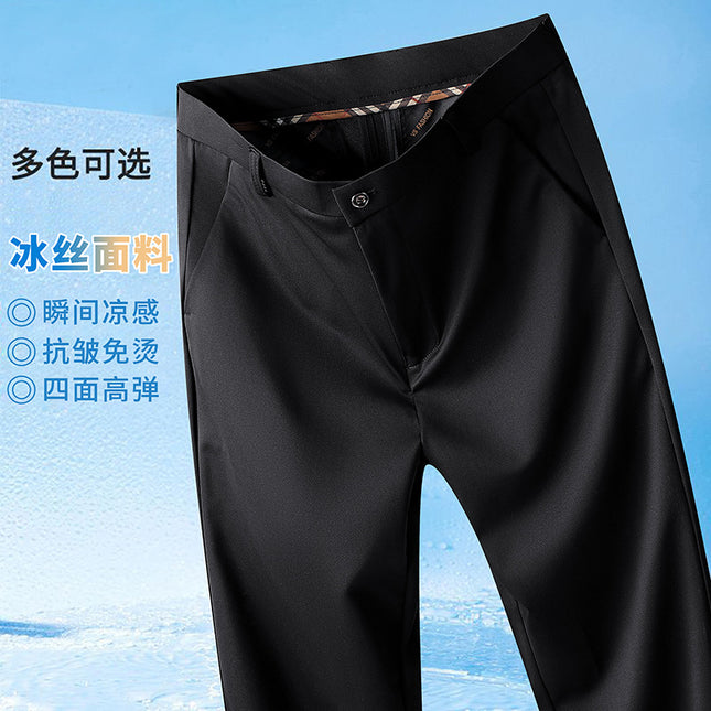 Ice Silk Light Luxury Suit Pants Men's Autum Thin 2024 New Loose Straight Business Elastic Men's Casual Pants