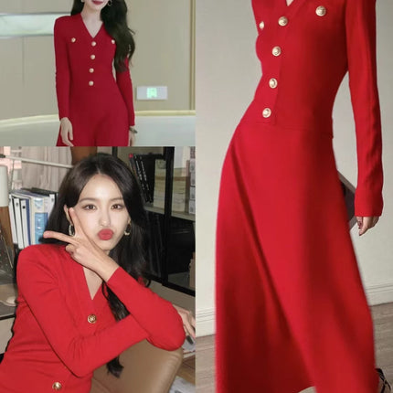 Star Same Style Red Knitted dress Women's Christmas New Year's Daily Engagement Toast Dress Black Tea Style Sweater Dress