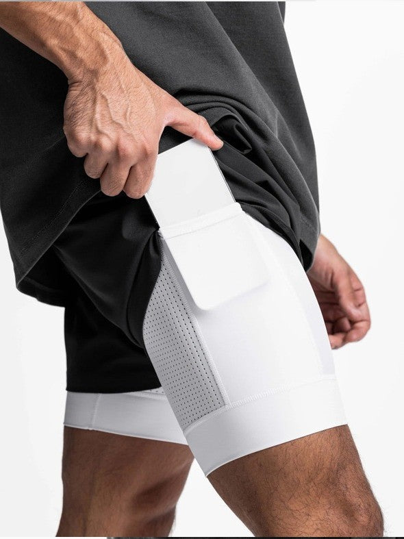Crazy Muscle Men's Sports Casual Shorts Double Layer Fake Two-Piece Marathon Basketball Fitness Sweat-Wicking Quick-Dry Shorts