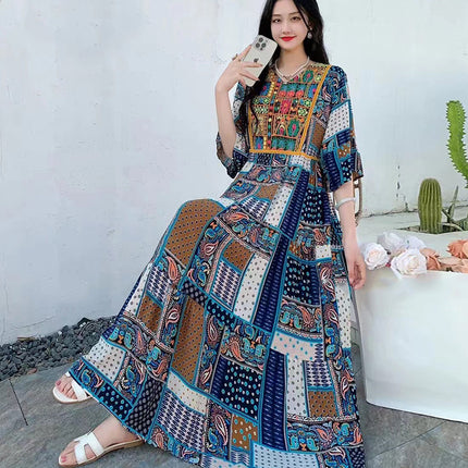 Amazon Cotton Silk Beach Dress Ethnic Style Large Swing Dress V-Neck Mid-Sleeve Dress Embroidered Vintage Floral Long Dress