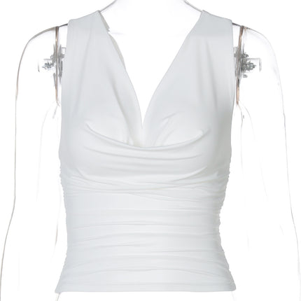 Spring 2025 New Personalized Elegant Collar Open Chest Figure Pleated Back Hollow Short Vest Top