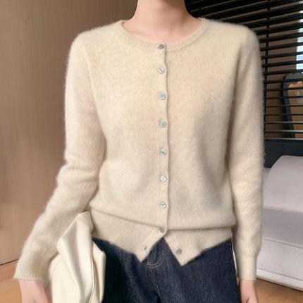 2025 Spring and Autumn New Round Neck Cashmere Knitted Cardigan Women's Loose All-match Sweater Coat Long Sleeve Soft Waxy Top