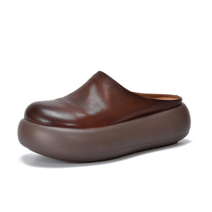 Vintage Casual Thick Bottom Slippers Women's Outer Wear Genuine Leather Sandals 2025 Summer New Round Head Cowhide Half Slippers