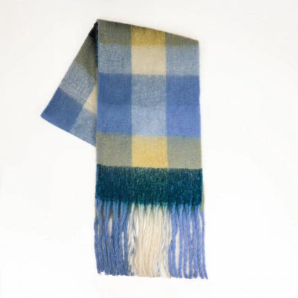 Autumn and winter European and American color matching AC cashmere thick tassel scarf rainbow plaid mohair warm female student plus