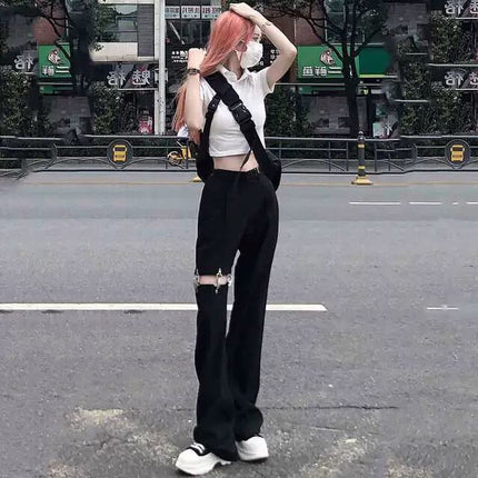 In-Stock 2025 New Dark Style Spicy Girl Workwear Rivet Hollow Casual Straight Loose Slimming Wide-Leg Pants