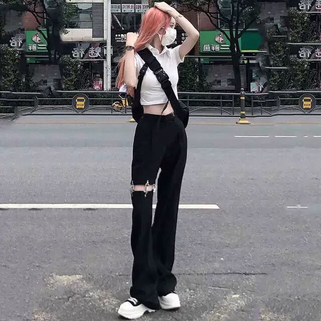 In-Stock 2025 New Dark Style Spicy Girl Workwear Rivet Hollow Casual Straight Loose Slimming Wide-Leg Pants