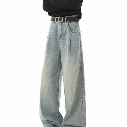 American-Style Drapey Wide-Leg Jeans for Men, Spring and Autumn Straight Loose Scimitar Pants, High Street Clean Fit Pants for Men
