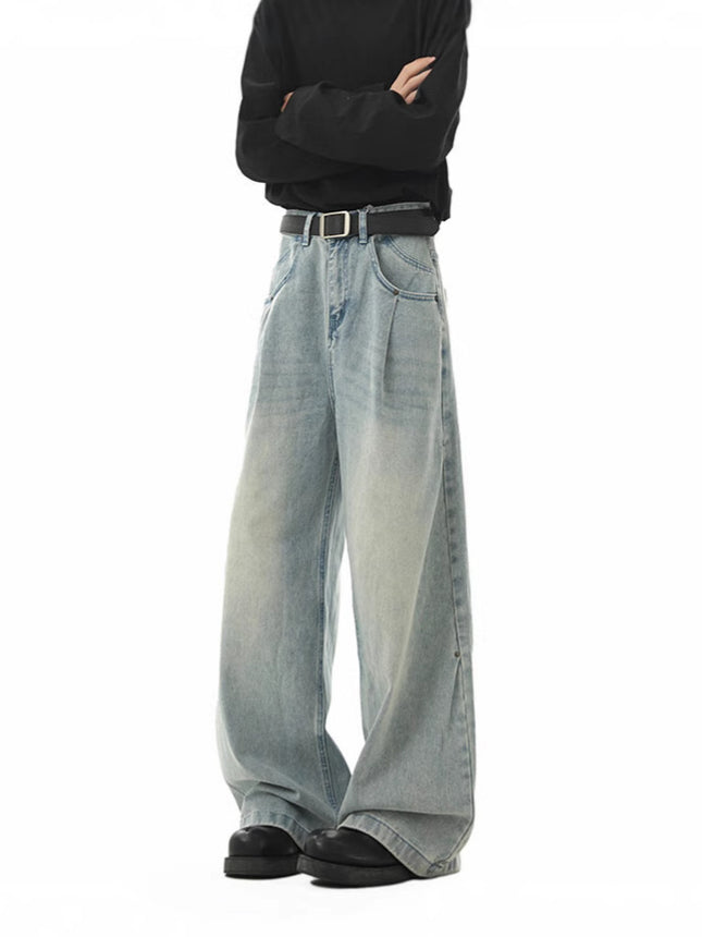 American-Style Drapey Wide-Leg Jeans for Men, Spring and Autumn Straight Loose Scimitar Pants, High Street Clean Fit Pants for Men
