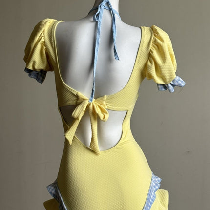 Original Manufacturer Yuanqi Girl One-Piece Puff Sleeve Swimsuit for Women, Cute, Covers the Body, Slimming, Conservative, Suitable for Vacation and Hot Springs
