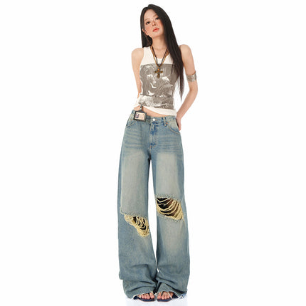 Raccoon House # 2025 Summer New Ripped Jeans Women's American Retro High Waist Loose High Street Drape Straight Pants
