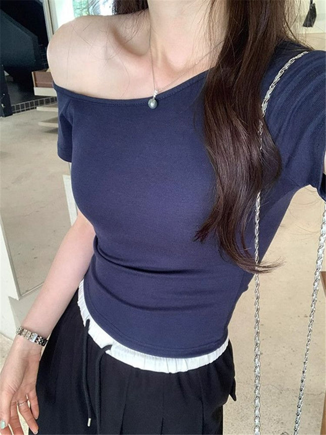 Pure Desire Off-Shoulder Short Sleeve T-Shirt for Women, Summer Short Crop Top, Slim Fit, Stretchy, Versatile