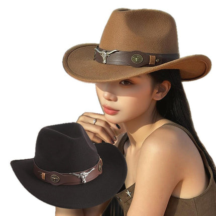 2026 New Style Western Cowboy Hat Ethnic Style Bull Logo Rolled Brim Vintage Riding Hat Large Brim Wool Felt Hat Trendy