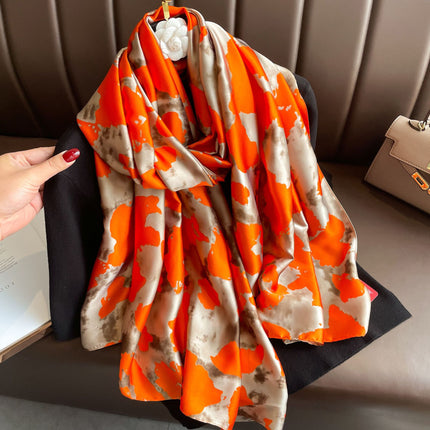 Korean-style Brocade Satin Orange Camouflage Silk Scarf Spring and Summer Thin Sunscreen Beach Towel Women's All-match Decorative Shawl
