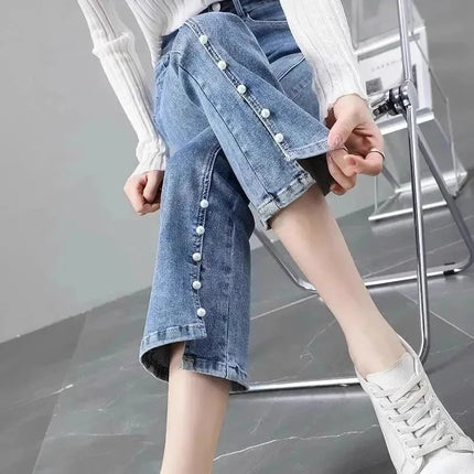 Vintage Blue Slip Micro-flared Jeans Women's Trendy All-match New High Waist Slimming Cropped Irregular Flared Pants