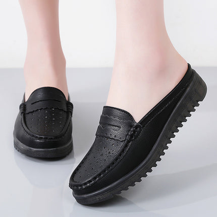 Muller Shoes 2024 Non-Slip Half-Slip Mom Shoes with Soft Soles, Perforated Women's Loafers, Low Heel, Hollow Design, Flat Comfortable Shoes