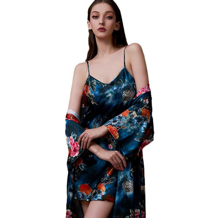 Cross-border printed nightgown suit women summer sexy ice silk middle sleeve plus size bathrobe silk bridal morning gown manufacturers wholesale