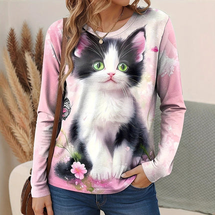 Cross-Border European and American 2025 New Autum Amazon Long-Sleeved Round Neck Casual Fashion Printed Pullover Tops for Women