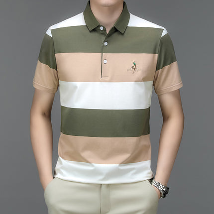 Mingdi Mouse Men's Summer New Pure Cotton Short-sleeved Men's T-shirt Striped Casual Lapel Large Size Men's Polo Shirt
