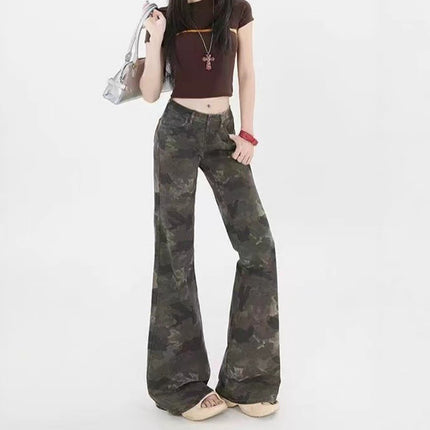 Camouflage Low-Waist Bootcut Jeans for Women 2025 Early Autumn New Loose Slimming Look Straight Leg Non-Stick Leg Flared Floor-Length Pants