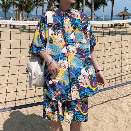 Cross-border 2023 Summer Beach Youth Color Printed Shirt Set Men's Multi-color Loose Shorts Shirt Set