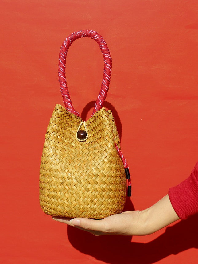 Chinese Red Festive Wedding Straw Woven Bag Bridesmaid Gift Bag Wedding Candy Box Handmade Woven Women's Shoulder Bag