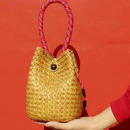 Chinese Red Festive Wedding Straw Woven Bag Bridesmaid Gift Bag Wedding Candy Box Handmade Woven Women's Shoulder Bag