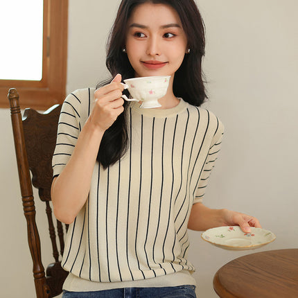Summer new ladies knitted T-shirt short sleeve cotton round neck vertical stripe thin pullover jacket wholesale
