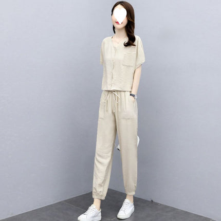 Sports Suit for Women Summer 2025 New Style Casual Fashion Fashionable Age-Reducing Lady Cotton and Linen Two-Piece Set