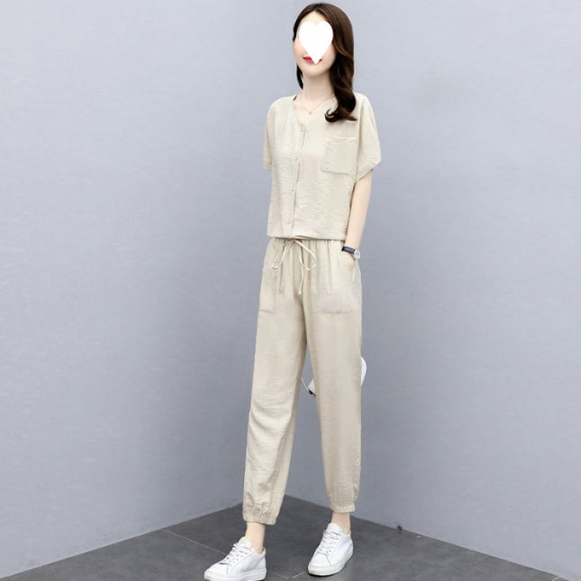 Sports Suit for Women Summer 2025 New Style Casual Fashion Fashionable Age-Reducing Lady Cotton and Linen Two-Piece Set