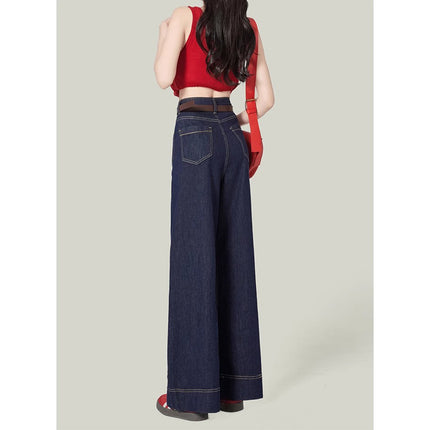 American Style dark blue Wide-Leg Jeans Women's 2025 Spring High Waist Pear-Shaped Slim-Fit Drop Loose Straight Pants