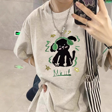 Pure Cotton Puppy Print Gray Short-Sleeved T-Shirt for Women 2026 New Design Niche American Style Loose Half-Sleeved Top