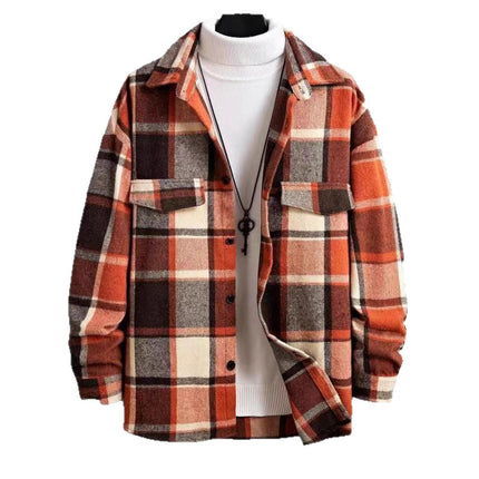 25 Amazon European and American Cross-Border Temu Elegant Lapel Checkered Men's Shirt Retro Brushed Casual Long-Sleeved Jacket
