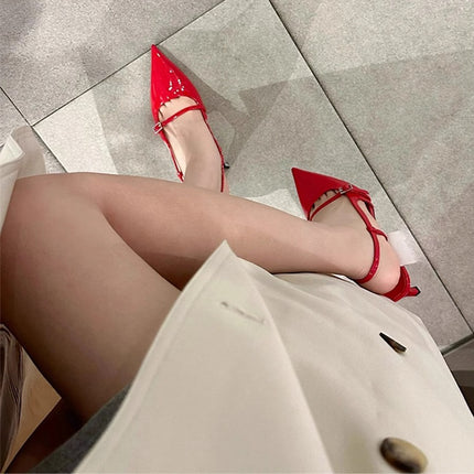 Red Patent Leather Cat Heel Toe-Back Sandals Summer New Pointed Toe Buckle High-End Sexy Sandals