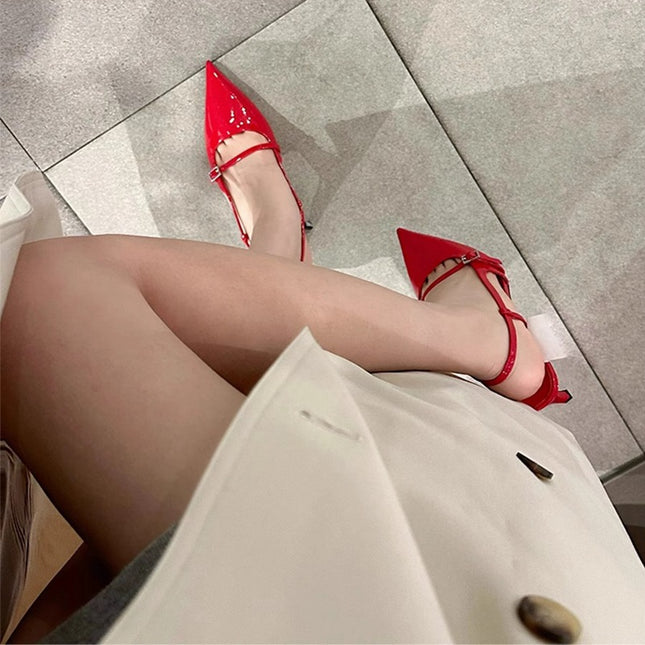 Red Patent Leather Cat Heel Toe-Back Sandals Summer New Pointed Toe Buckle High-End Sexy Sandals