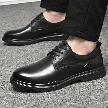 Summer Men's Business Leather Shoes Men's Head Layer Cowhide Black Casual British Inner Height Increase Lace Round Head Cowhide Dress