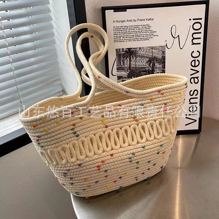 Summer Niche Straw Woven Bag Women's 2022 New Fashionable Cotton Woven Bag Beach Bag Large Capacity Shoulder Basket Bag