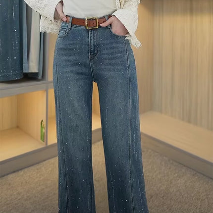 Plus Size Retro Rhinestone Stretch Jeans for Women Spring Summer High Waist Slimming Non-Stick Leg Bootcut Flared Pants