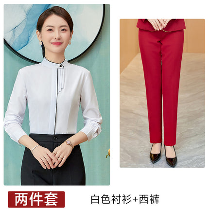 Elegant White Long-sleeved Shirt Spring and Autumn New Business Dress Dress Overalls Round Neck Buckle Women's Shirt