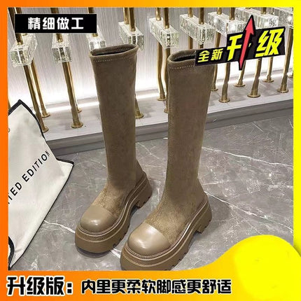Long Boots for Women 2025 New Thick-Soled High Elastic Boots Retro Boots for Women Autumn and Winter Fleece-Lined High-Heeled Slim Boots