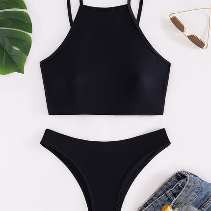 2024 New European and American Bikini Solid Color High-end Hanging Neck Strap Design Slim-fit Bikini Swimming Suit