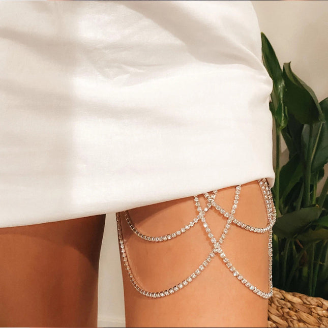 Multi-Layered Cross Rhinestone Chain Full of Crystals, Heavy-Duty Fashion Beach Nightclub Tassel Leg Chain for Women, Handmade Crystal European and American Style