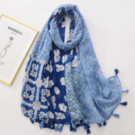 Japanese New Artistic Color Split Travel Sunscreen Beach Towel Printed Cotton and Linen Hand Scarf Tassel Scarf Large Scarf
