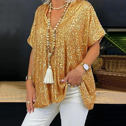 2025 New European and American Amazon Short-Sleeved Urban Casual Color Loose Pullover Sequined V Neck T-Shirt Tops for Women