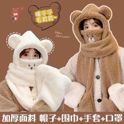 Little Bear Hat Winter Cute Scarf Gloves One-piece Winter Neck Hooded Women's Mask Warm Internet Celebrity Four-piece Set