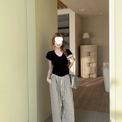 Casual Striped Drapey Women's Pants Versatile Wide-Leg Pants Autumn Trendy Design Floor-Length Pants