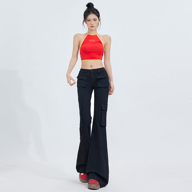 Bumi House# Factory Direct Tannin Color Micro-La Jeans Women's American Retro Fashion High-end Sense Low Waist Cute Pants